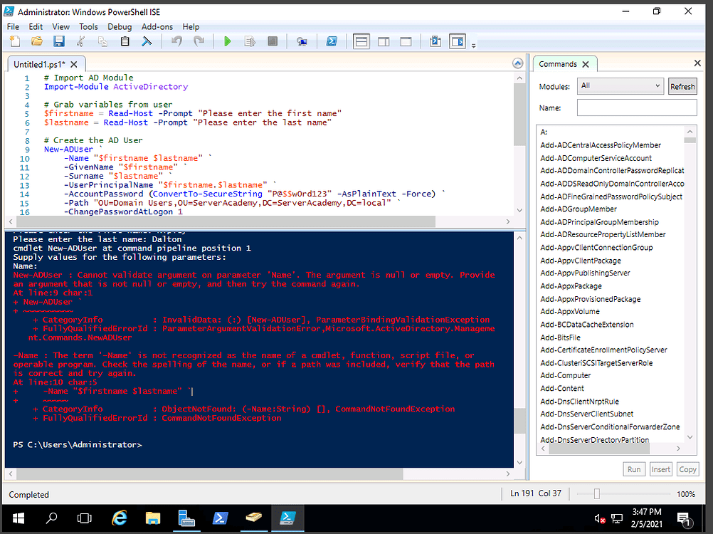 New aduser error during prompts powershell server academy community